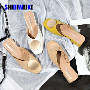 

Women Slippers Women Casual Shoes Slip On Slides Buckle Mules Square Toe Low Heel Shoes Square heel Sandals AB014