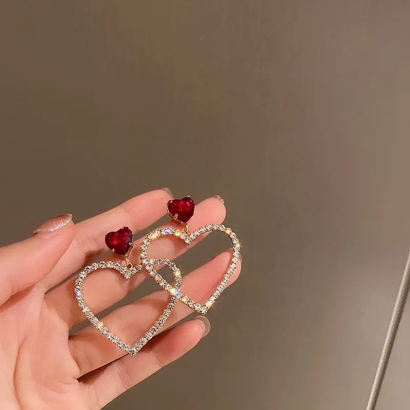Drop Earrings Korean Fashion Jewelry Shining Rhinestone Hollow Heart Drop Earrings for Women Girls Vintage Red Crystal Earrings crystal earrings