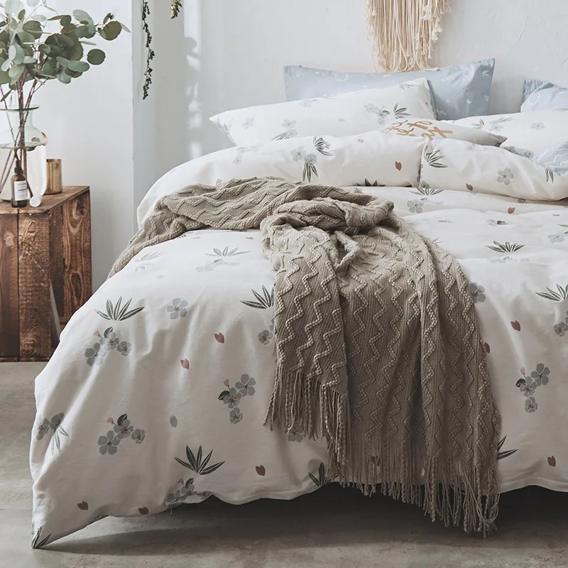 4 pcs Home bedding set soft cotton floral print duvet case and pillowcase set with plants upholstery