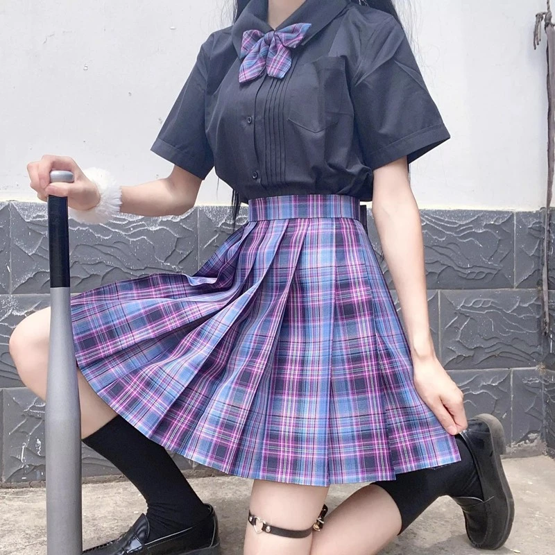 女性紫黒制服プリーツスカート日本の制服高ウエストラインのチェック柄スカートセクシーなjk制服フルセット School Uniforms Aliexpress