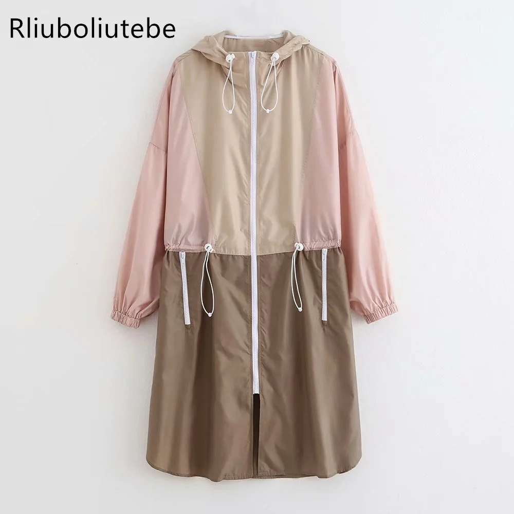

loose hooded long jacket women pockets high collar elastic drawstring waist long sleeve streetwear outerwear long coat