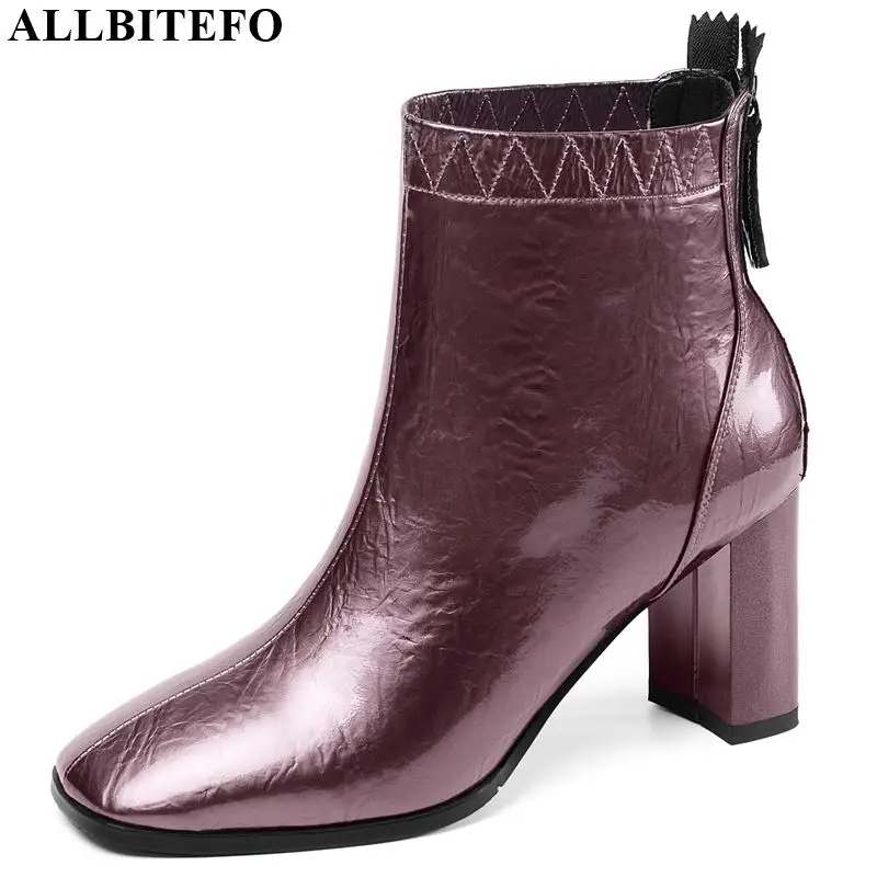 

ALLBITEFO natural genuine leather Elegant women boots high heel ankle boots Autumn Winter Square toe fashion girls boots