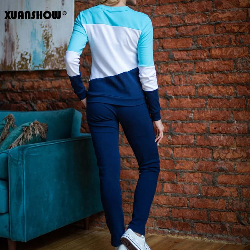 XUANSHOW Tracksuit Women Sportswear Autumn Winter Splice Long Sleeve Fleece Long Pant 2 Piece Set Lady Outfit Clothes S-XXL