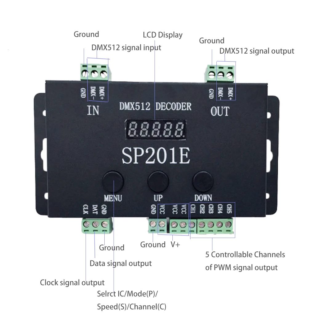 WS2811 WS2812B DMX to SPI Led Controller Decoder and WS2812 led Matrix Panel SP201E 5 Channel DMX 512 RGB WW Decoder Controller