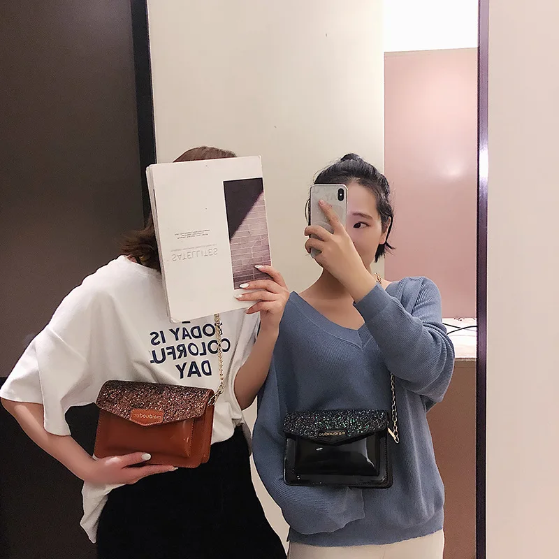 

INS Korean-style Super Fire Chain Crossbody Bag 2019 New Style Fashion Casual Trend Sequin Patent Leather Small Shoulder Bag