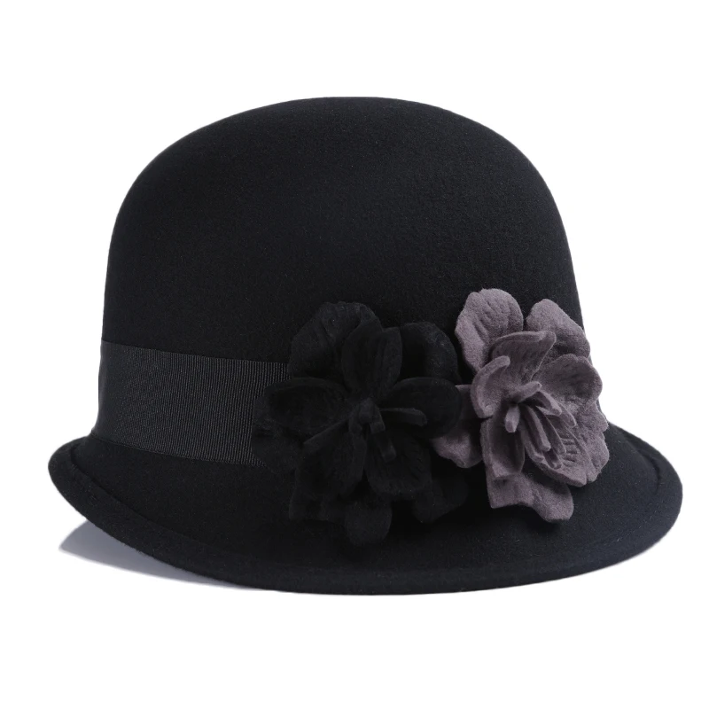 Black FS Шерсть Женская Фетровая Шляпа Fedora винно-красная рулонная официальная шляпа Классическая церковная шляпа элегантная Осенняя зимняя теплая Шапки в цветочек - Цвет: Black