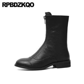 

women boots winter 2019 round toe genuine leather front zipper chunky autumn shoes wine red custom luxury fur mid calf black