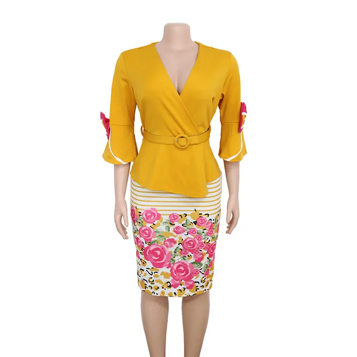 Летнее женское платье-карандаш размера плюс, Одноцветный Топ, рукав три четверти, v-образный вырез, бант, ol платье, темперамент, коммутирует полиэстер - Цвет: Цвет: желтый