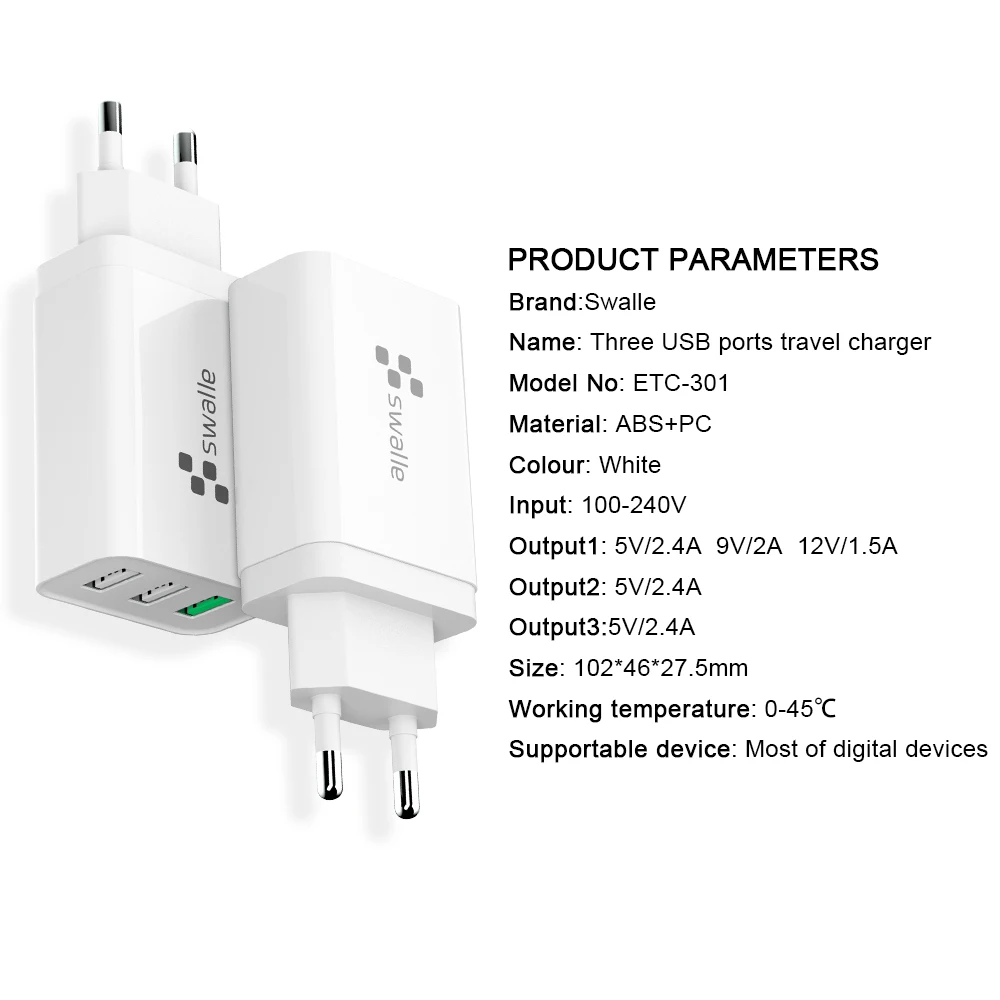 Swalle 3 usb порта путешествия USB зарядное устройство мобильного телефона QC3.0 USB зарядное устройство Быстрая зарядка настенное зарядное устройство для iPhone 6 samsung Xiaomi LG