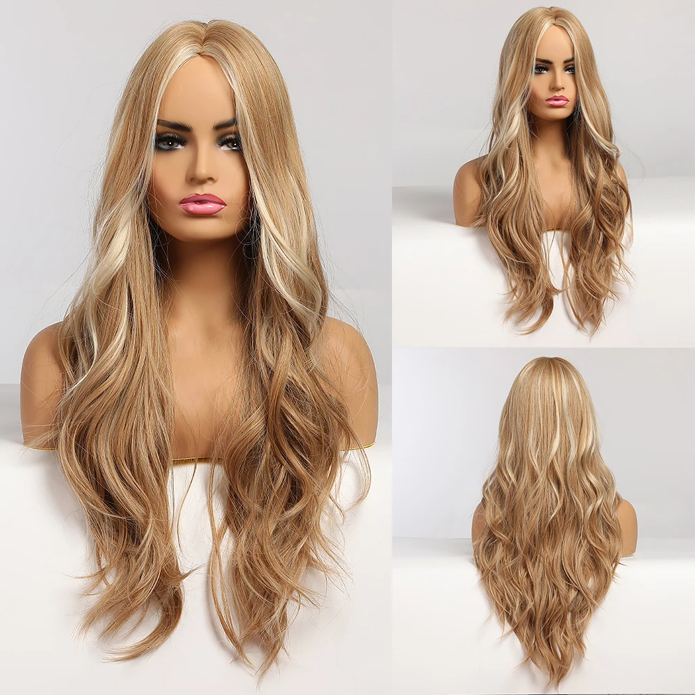 Sintéticas com Destaques Parte do Meio para Afro Resistente ao Calor Perucas de Cabelo Longo Ondulado Loira Perucas Feminino Cosplay Natural