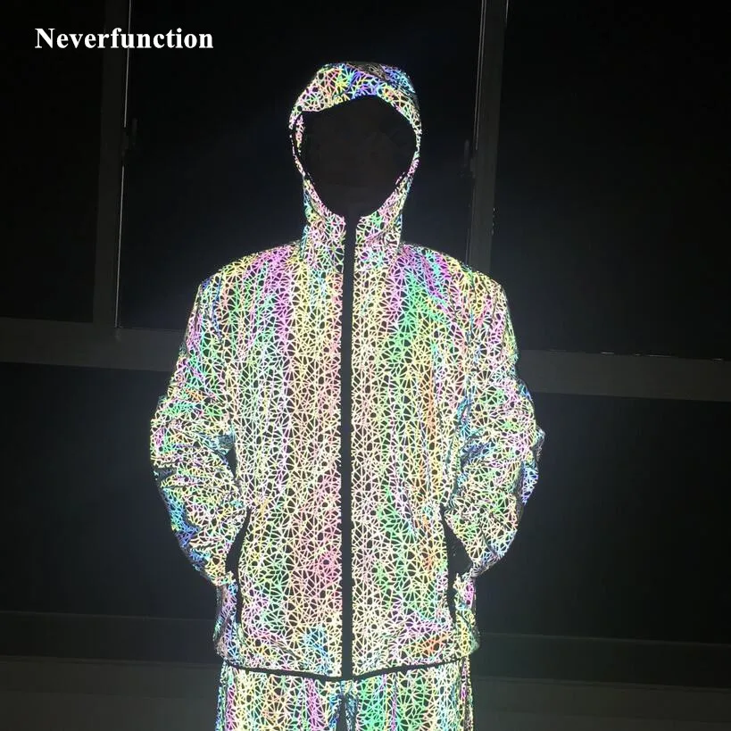 

Men Streetwear night Colorful full reflective hip hop Loose Hooded Jacket Harajuku man Windbreaker Casual Jackets Outwear