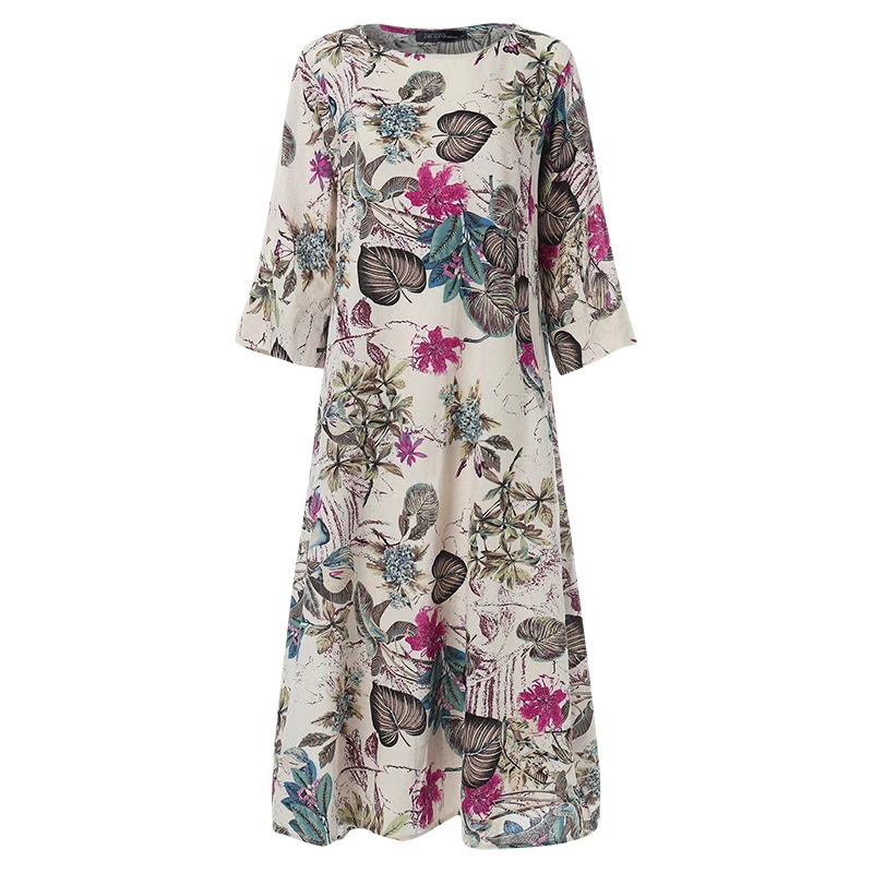 1 Red Floral Винтажное платье макси с принтом, Женский Повседневный Сарафан, ZANZEA, винтажное платье с рукавом 3/4, женские Вечерние Платья с цветочным принтом, большие размеры 5XL - Цвет: 1 Red Floral