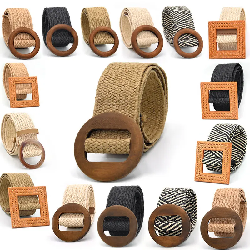

New Vintage Wide Belt Boho Fake Straw Buckle Waistband Female Wooden Buckle Braided Belt Elastic Women Linen Weave Waist Belt
