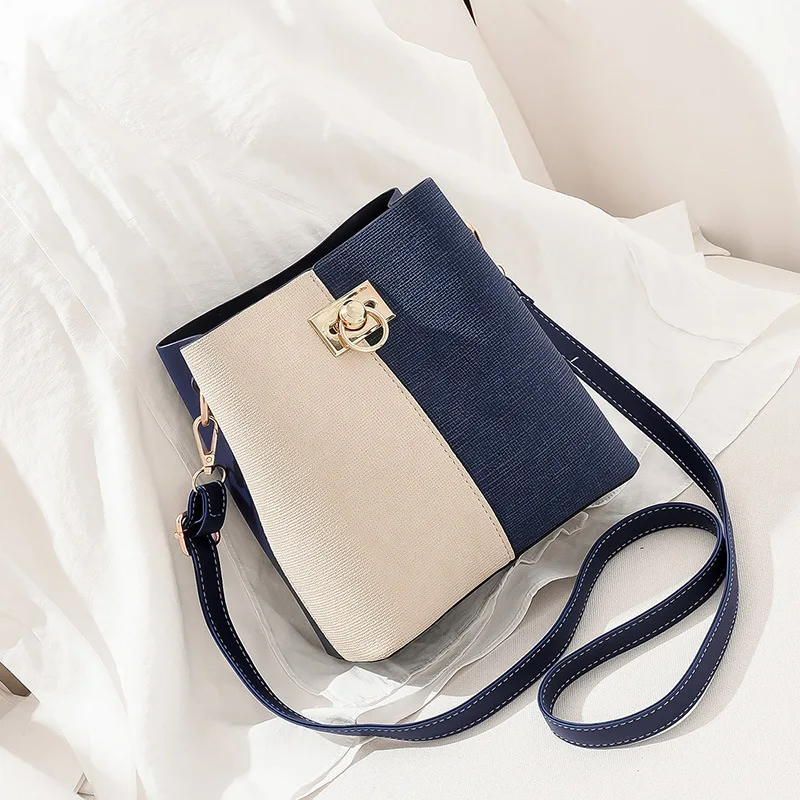 

Contrast Color Bucket Bag WOMEN'S Single-shoulder Bag Mixed Colors Shoulder Bag 2020 on New Style Pu Textured Women's Bag-