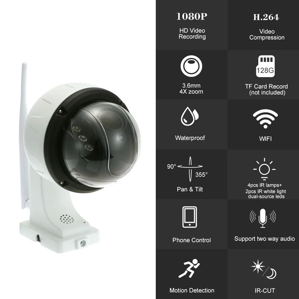 

1080P PTZ Wireless WiFi IP Camera 16X Zoom Dual Light Source Motion Detection Tracking Outdoor Waterproof Security CCTV Camera