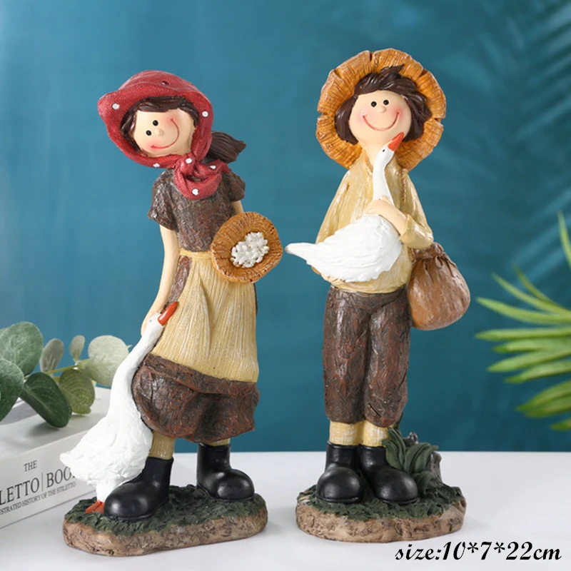 

2pcs Cute Countryside Girl Boys Resin Crafts Figurines Goose Fruit Mushroom Doll Ornaments Birthday Gifts Home Decor Pastoral
