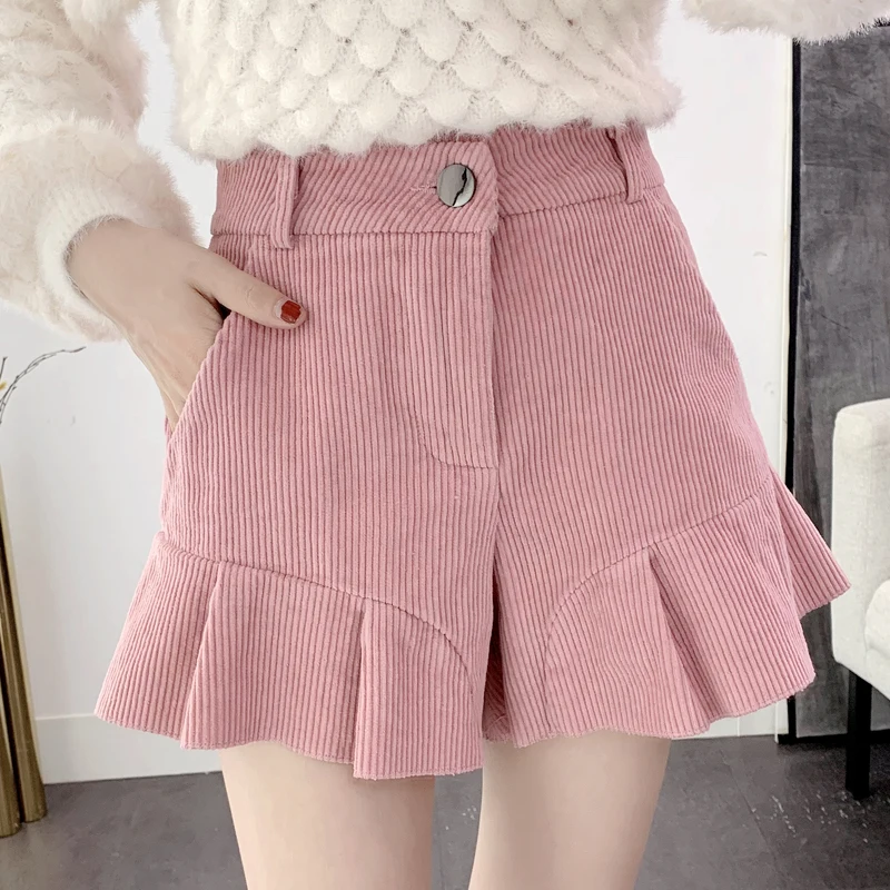 Осень Зима теплые женские широкие Шорты розовые с высокой талией вельветовые эстетичные женские Шорты повседневные шикарные шорты размера плюс 2XL - Цвет: pink shorts
