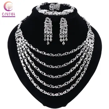 

CYNTHIA Silver Plated Jewelry Sets For Women African Beads Necklace Earrings Bracelet Rings Party Wedding Bridal Accessories