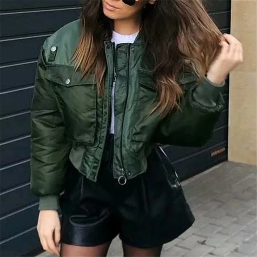 

Women Safari Style winter short jacket button pockets design casual style long sleeve army green coats chaquetas mujer