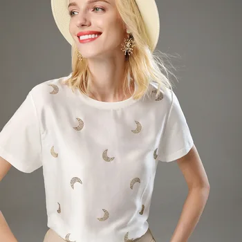 

Short Sleeve Shirt Women Casual Real Silk T Shirt Women Diamonds Inlaid Cartoon O-neck Cool Thin Soft Breath Elegant Lady Slim