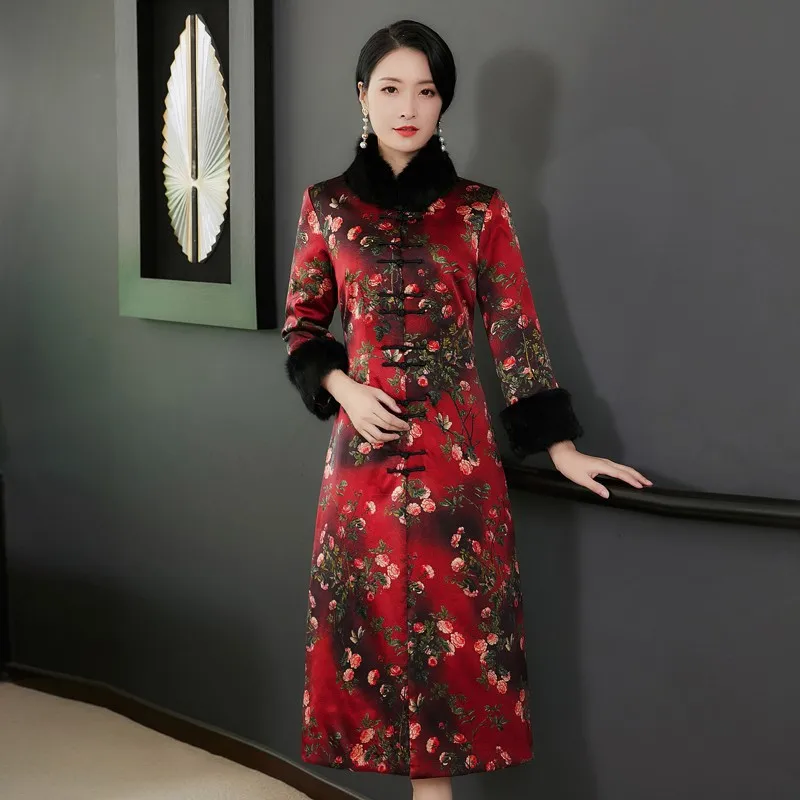 

Winter New Style Padded Chinese Costume Long Coat Cheongsam Women's Long Sleeve Thick Warm Rabbit Fur Overcoat Middle-aged Mom