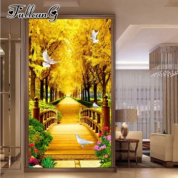 

FULLCANG Golden tree white dove large 5d diamond painting diy full square round drill mosaic embroidery sale birds decor FC2459
