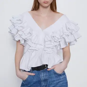 

Chic Women White Blouse Summer 2020 New Fashion Short Sleeve Ruffle Shirt Modern Lady Crop Top