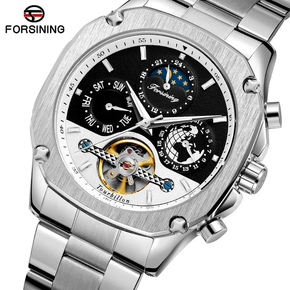 

Forsining Automatic Watch Mens Tourbillon Mechanical Silver Square Stainless Steel Moonphase Male Self-Winding Relogio Masculino