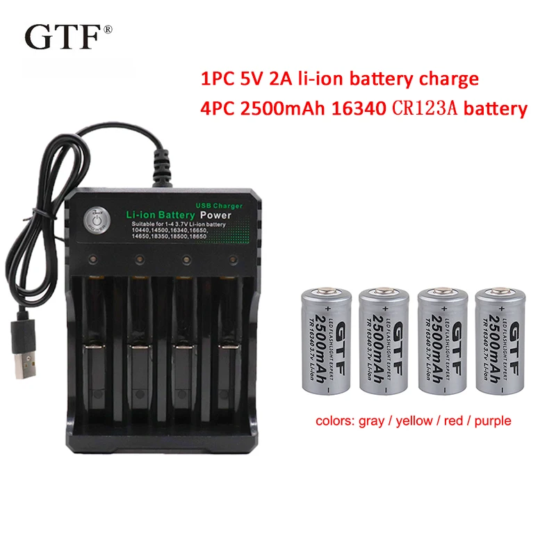4pcs 3.7v 2500mah 16340 Battery Cr123a Liion Rechargeable Batteries