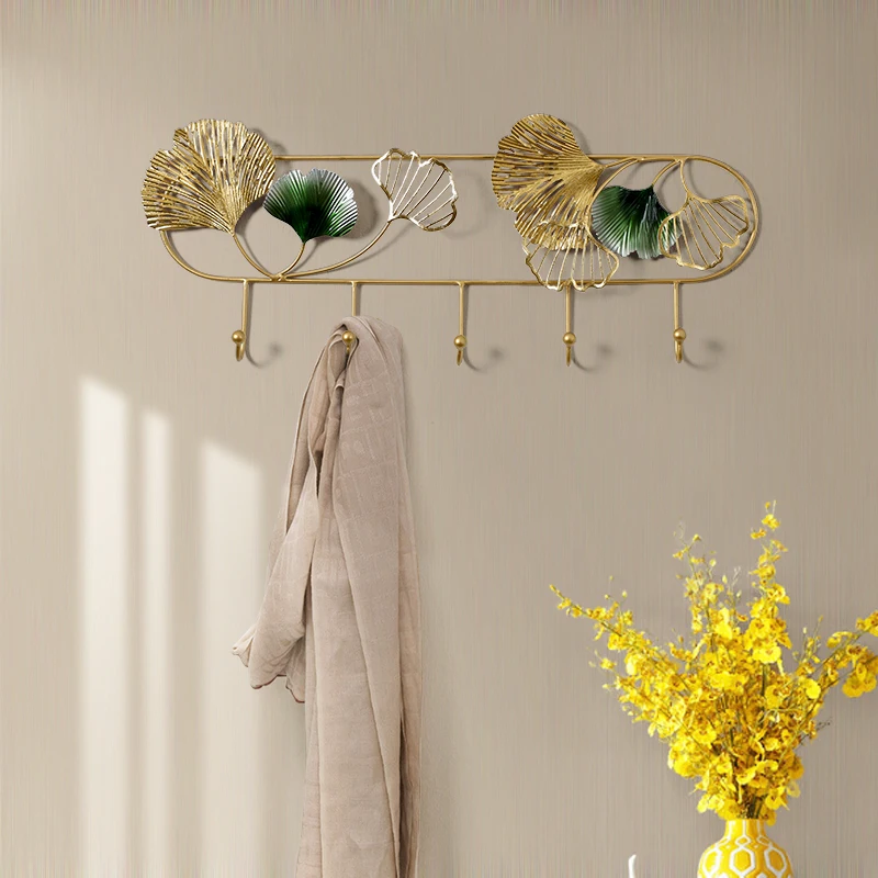 

European Wrought Iron Ginkgo Biloba Wall Hanger Wall Mural Decoration Art Clothing Store Bathroom Coat Hook Wall Sticker Crafts