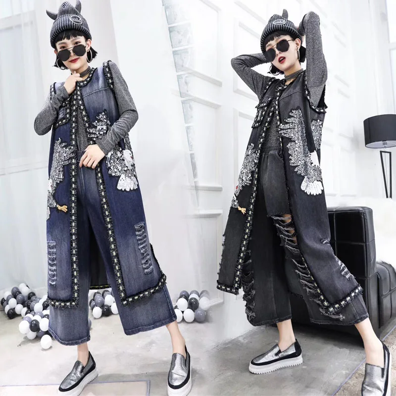 Luxury-Korean-Vintage-Ladies-Sleeveless-Streetwear-Womens-Denim-Vest-Black-Blue-Sequin-Embroidery-Gilet-Female-Long