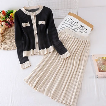 

Spring Autumn Women's Sets Korean Style Spliced Knit Cardigan + New Solid Color High Waist Pleated Skirt Female Sets LL843