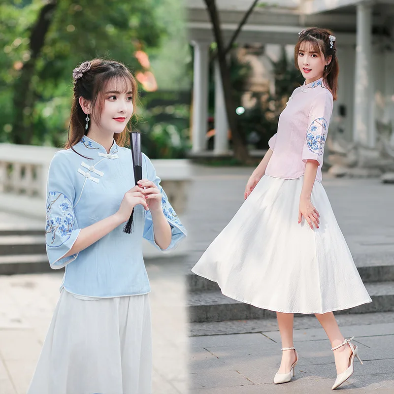

2019 New Style Best Friend-Half-sleeve Shirt Vintage Blue Pattern Embroidered Ethnic-Style Hipster Tops + Skirt