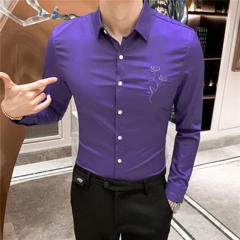 

Business casual embroidery shirt male white black purple red male shirt long sleeve,fashion Camisa