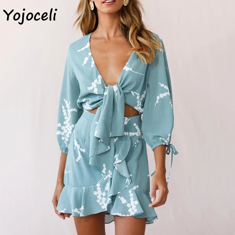 Yojoceli, платье с цветочным принтом и бантом, женское, бохо, Пляжное, с рюшами, мини-платье, v-образный вырез, уличная одежда, мини-платье