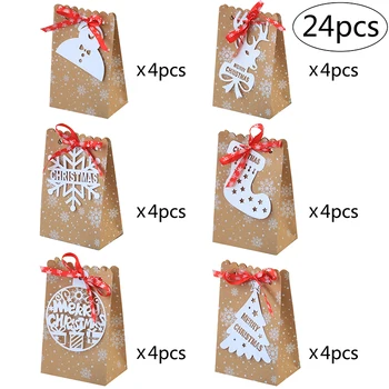

24pcs/set Christmas Snowflake Printed Kraft Paper Bags Candy Bags Cookie Gift Box New Year Favors Boxes for Cookies Treats