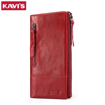 

KAVIS 2020 Genuine Leather Women Long Wallet Female Zipper Clamp Coin Purse New Lady Walet Cell Phone Pocket Money Bag for Girls