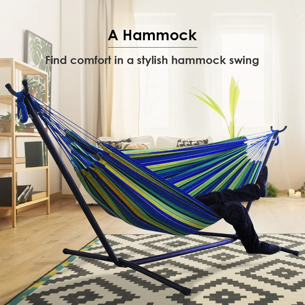 Outdoor Large Hammock Portable Indoors Double Hammock Camping Sleeping Stripe Canvas Hanging Bed Chair Garden Swing 3