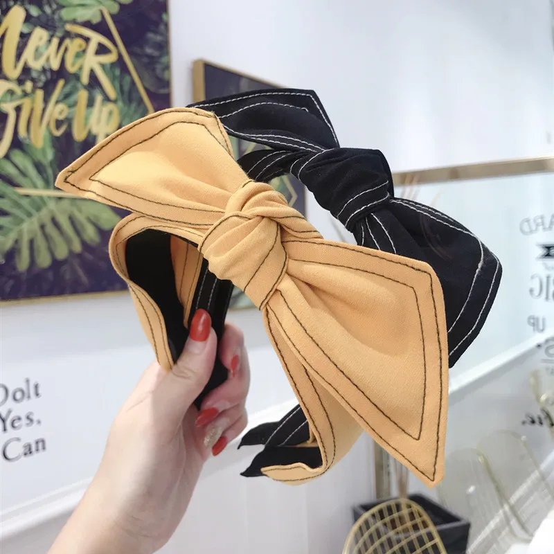 

South Korean New Boutique Headdress Denim Art Headband Double Line Stripe Big Butterfly Knot Hair Cave Wide Edge Band