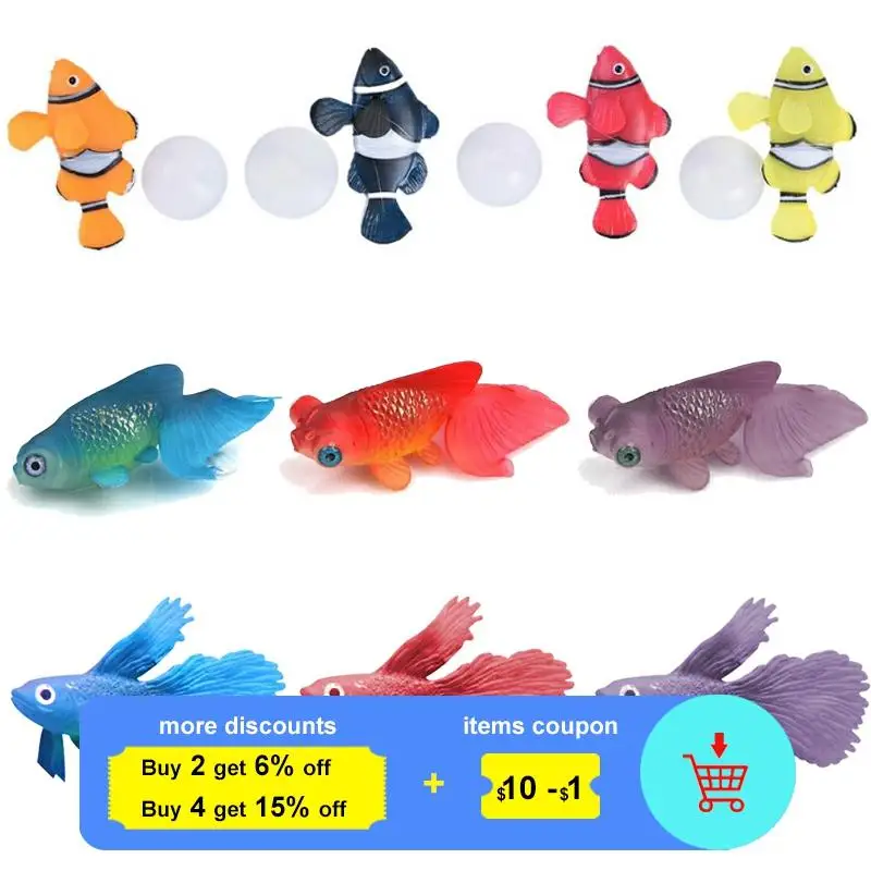 Peces artificiales fluorescentes con ventosa, pez payaso, pez en miniatura de peces de oro, juguete con ventosa para jugar con tanque de acuario de peces