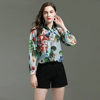 

Blouse High Quality Autumn 2020 New Women'S Fashion Party Casual Top Elegant Chic Flower Print Ribbon Long Sleeve Shirt
