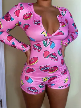 

Women Sleepwear Sexy Deep V Neck Long Sleeve Jumpsuit Print Button One Piece Bodysuit Shorts Romper Pajamas Ladies Playsuits