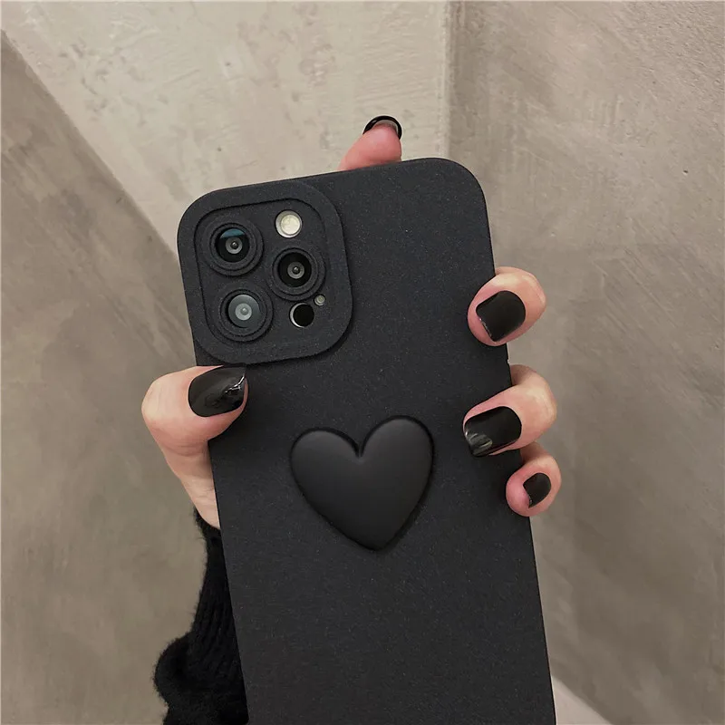 iPhone15 / black 【dress HEART 】 Korean Cute 3D Black Love Heart Soft Phone Case with Wrist Strap