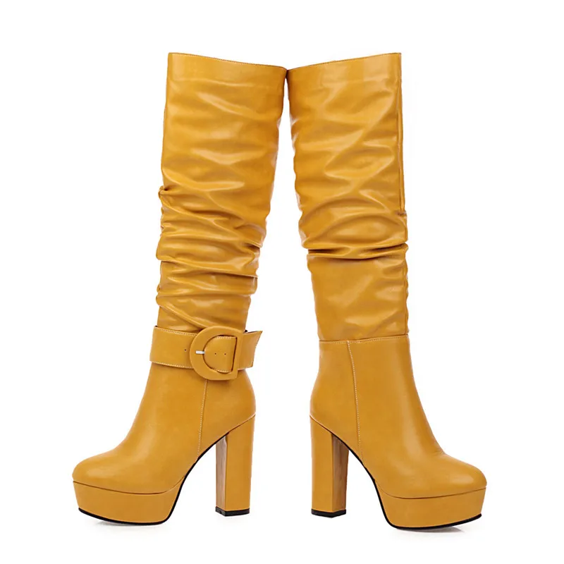 Knee High Boots Women Winter Soft pu Leather Riding Fashion Buckle Heels Long Shoes Woman Blue White Large Size 48 | Обувь