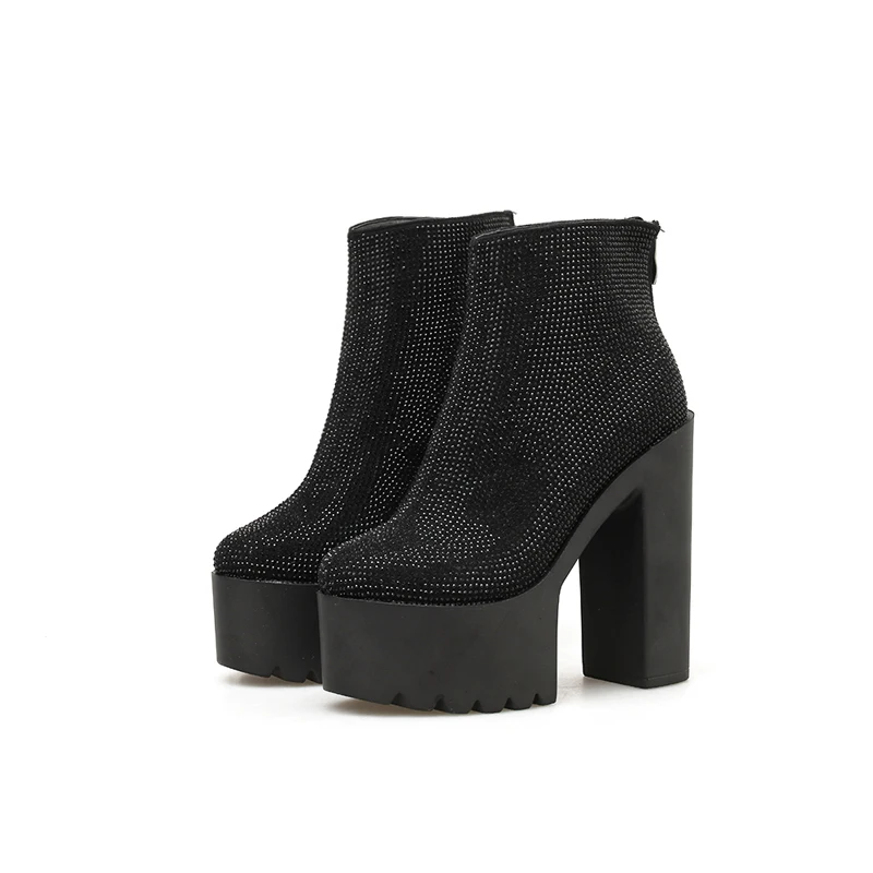 

Black Boots Heels Women Round Toe High Heels Boots Fashion Motorcycle Boots Women Platform Heels Casual Rhinestone Fall Boots