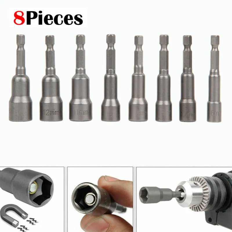 8x 1/4 Hex Magnetic Nut Driver Socket Metric Impact Drill Bits 6mm To 13mm | Инструменты