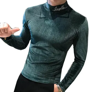 

2020 Fashion Velvet T Shirt Embroidery Turtleneck Retro T-Shirt Mens Stripe Casual T-shirts Slim Fit Hip Hop Harajuku T-shirt