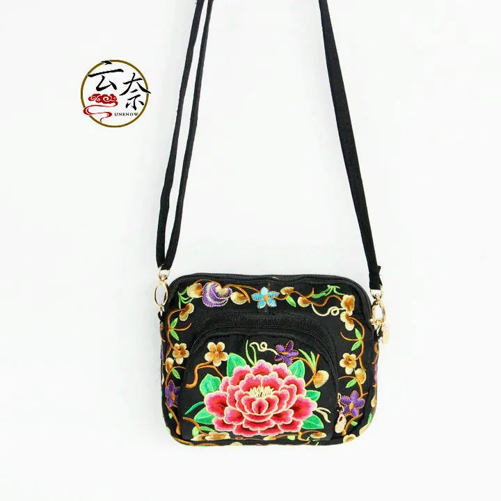 Cross Border for New Style Canvas Embroidery Cross-body Purse Phone Bag Ethnic-Style Double-Sided Embroidered Three Layer Should