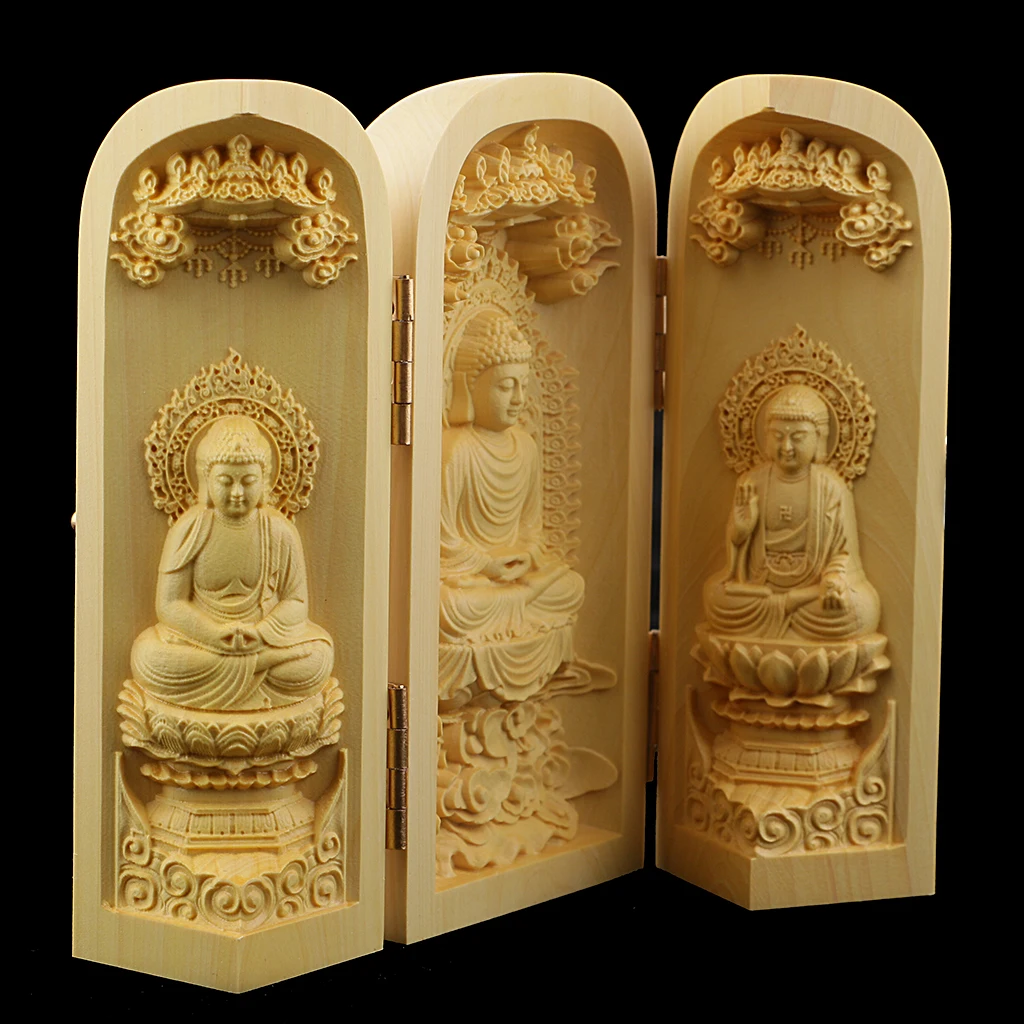 Boxwood Buddha Statue 3 Carved Guanyin Status Wooden for Temple
