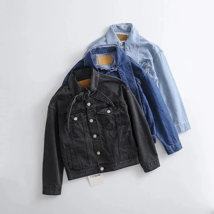

Yang Mi Zhoudongyu Baby Celebrity Style Single Row Button Jeans Coat Versatile Retro Loose Scarf Bowtie Tops Women's
